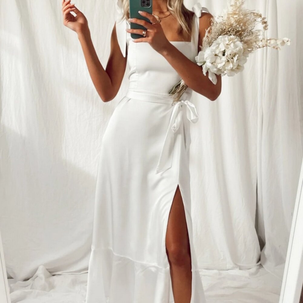 Show Me Your MuMu "Garden Midi Dress" in Ivory Luxe Satin